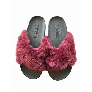 Victoria's Secret PINK M 7/8 Faux Fur Crisscross Slides  Deep Ruby Slippers